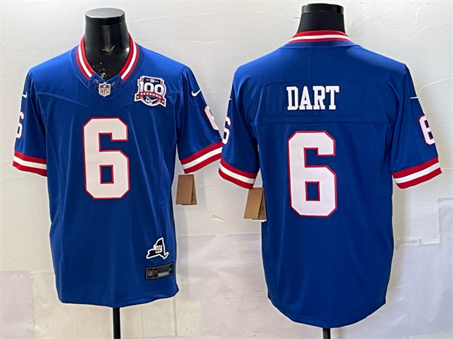 Men's New York Giants #6 Jaxson Dart Royal 2025 Draft F.U.S.E. 100th Season & State Patch Vapor Limited Stitched Football Jersey Men's New York Giants #6 Jaxson Dart Royal 2025 Draft F.U.S.E. 100th Season & State Patch Vapor Limited Stitched Football Jersey