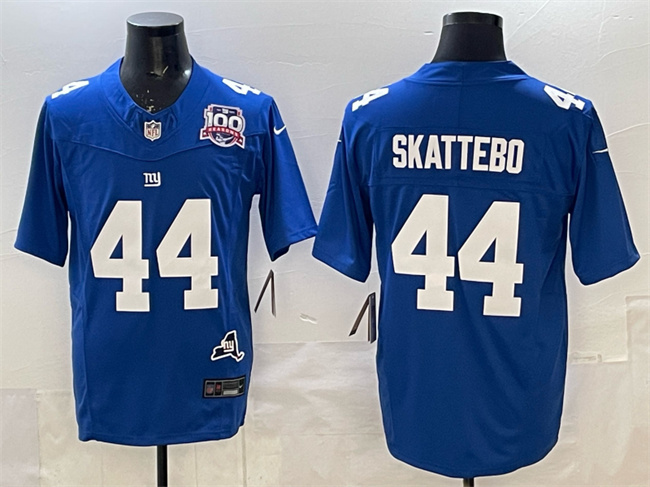 Men's New York Giants #44 Cam Skattebo Royal 2025 Draft F.U.S.E. 100th Season & State Patch Vapor Limited Stitched Football Jersey Men's New York Giants #44 Cam Skattebo Royal 2025 Draft F.U.S.E. 100th Season & State Patch Vapor Limited Stitched Football Jersey