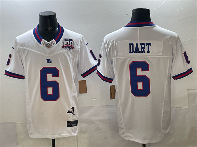 Men's New York Giants #6 Jaxson Dart White 2025 Draft F.U.S.E. 100th Season & State Patch Vapor Limited Stitched Football Jersey Men's New York Giants #6 Jaxson Dart White 2025 Draft F.U.S.E. 100th Season & State Patch Vapor Limited Stitched Football Jersey
