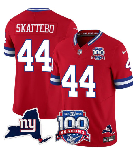 Men's New York Giants #44 Cam Skattebo Red 2025 Draft F.U.S.E. 100th Season & State Patch Vapor Limited Stitched Football Jersey Men's New York Giants #44 Cam Skattebo Red 2025 Draft F.U.S.E. 100th Season & State Patch Vapor Limited Stitched Football Jersey