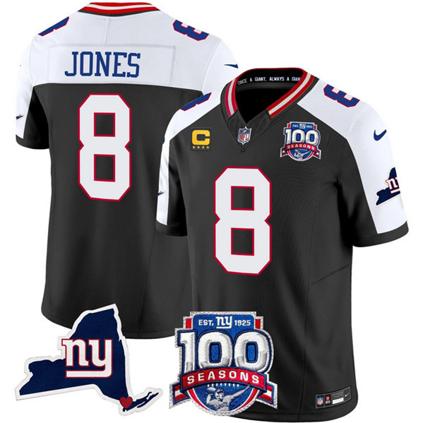 Men's New York Giants #8 Daniel Jones Black 2024 F.U.S.E. With 4-Star C Patch 100th Season And State Patch Vapor Limited Alternate Stitched Football Jersey Men's New York Giants #8 Daniel Jones Black 2024 F.U.S.E. With 4-Star C Patch 100th Season And State Patch Vapor Limited Alternate Stitched Football Jersey