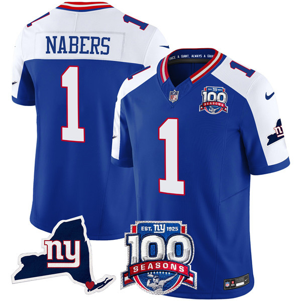 Men's New York Giants #1 Malik Nabers Royal 2024 F.U.S.E. 100th Season And State Patch Vapor Limited Alternate Stitched Football Jersey Men's New York Giants #1 Malik Nabers Royal 2024 F.U.S.E. 100th Season And State Patch Vapor Limited Alternate Stitched Football Jersey