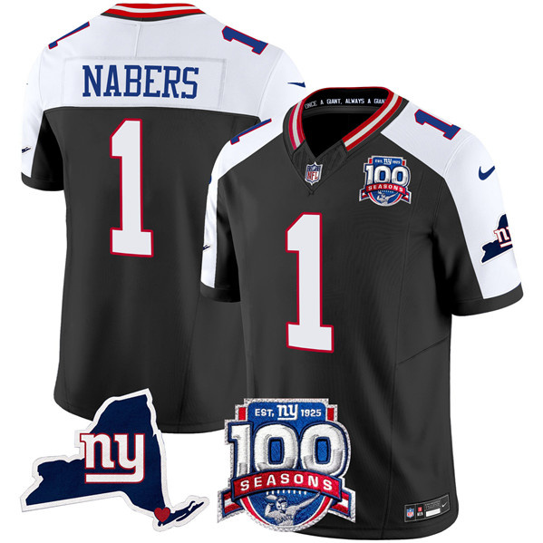 Men's New York Giants #1 Malik Nabers Black 2024 F.U.S.E. 100th Season And State Patch Vapor Limited Alternate Stitched Football Jersey Men's New York Giants #1 Malik Nabers Black 2024 F.U.S.E. 100th Season And State Patch Vapor Limited Alternate Stitched Football Jersey