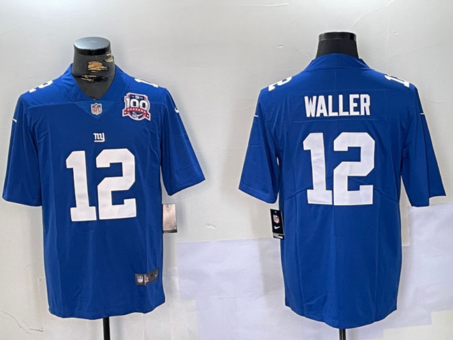 Men's New York Giants #12 Darren Waller Blue With 100TH Season Patch Vapor Untouchable Limited Stitched Jersey Men's New York Giants #12 Darren Waller Blue With 100TH Season Patch Vapor Untouchable Limited Stitched Jersey