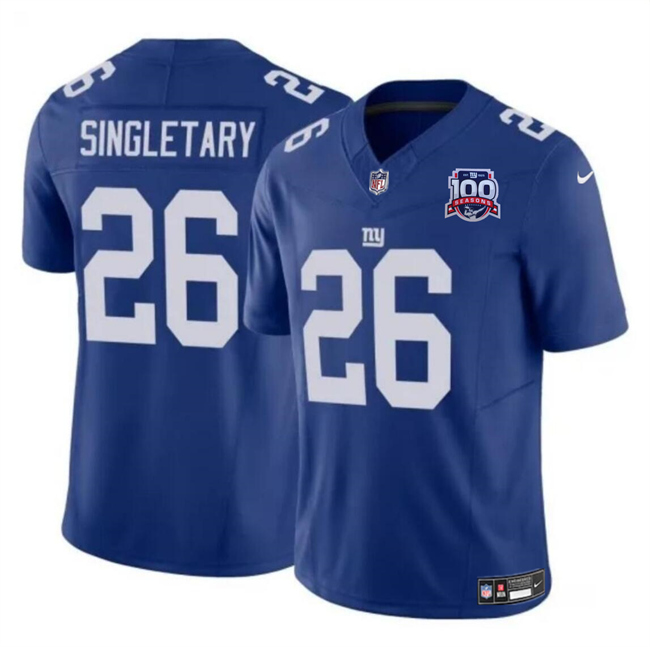 Men's New York Giants #26 Devin Singletary Blue 2024 F.U.S.E. 100TH Season Patch Vapor Untouchable Limited Stitched Jersey Men's New York Giants #26 Devin Singletary Blue 2024 F.U.S.E. 100TH Season Patch Vapor Untouchable Limited Stitched Jersey
