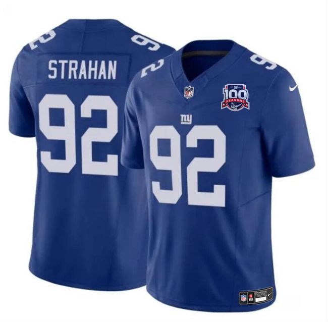 Men's New York Giants #92 Michael Strahan Blue 2024 F.U.S.E. 100TH Season Patch Vapor Untouchable Limited Stitched Jersey Men's New York Giants #92 Michael Strahan Blue 2024 F.U.S.E. 100TH Season Patch Vapor Untouchable Limited Stitched Jersey