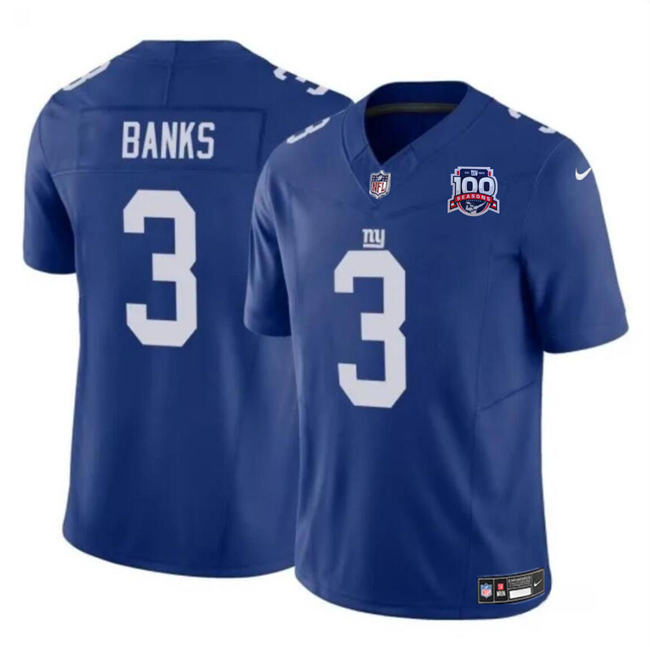 Men's New York Giants #3 Deonte Banks Blue 2024 F.U.S.E. 100TH Season Patch Vapor Untouchable Limited Stitched Jersey Men's New York Giants #3 Deonte Banks Blue 2024 F.U.S.E. 100TH Season Patch Vapor Untouchable Limited Stitched Jersey