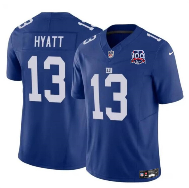 Men's New York Giants #13 Jalin Hyatt Blue 2024 F.U.S.E. 100TH Season Patch Vapor Untouchable Limited Stitched Jersey Men's New York Giants #13 Jalin Hyatt Blue 2024 F.U.S.E. 100TH Season Patch Vapor Untouchable Limited Stitched Jersey