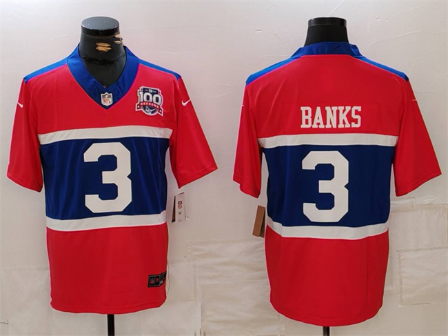 Men's New York Giants #3 Deonte Banks Century Red 100TH Season Commemorative Patch Limited Stitched Football Jersey Men's New York Giants #3 Deonte Banks Century Red 100TH Season Commemorative Patch Limited Stitched Football Jersey