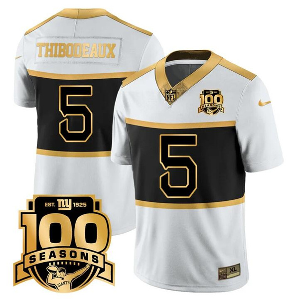 Men's New York Giants #5 Kayvon Thibodeaux White Gold 100TH Season Commemorative Patch Limited Stitched Football Jersey Men's New York Giants #5 Kayvon Thibodeaux White Gold 100TH Season Commemorative Patch Limited Stitched Football Jersey