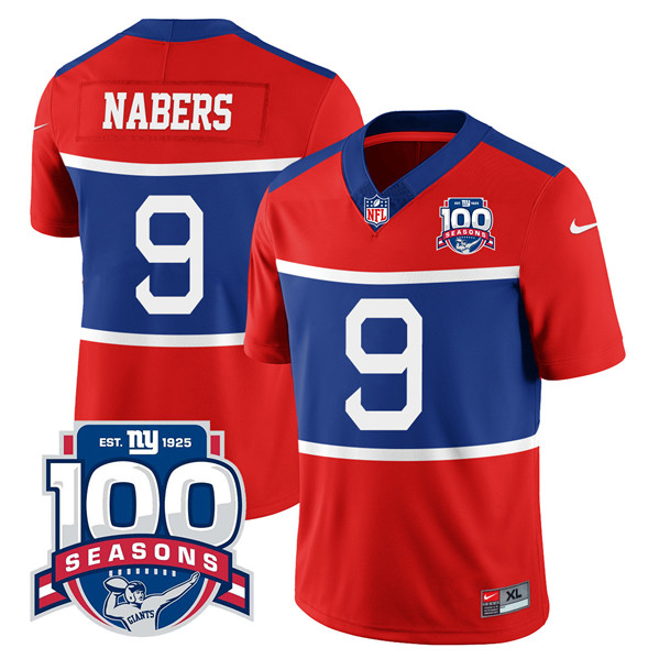 Men's New York Giants #9 Malik Nabers Century Red 2024 Draft 100TH Season Commemorative Patch Limited Stitched Football Jersey Men's New York Giants #9 Malik Nabers Century Red 2024 Draft 100TH Season Commemorative Patch Limited Stitched Football Jersey