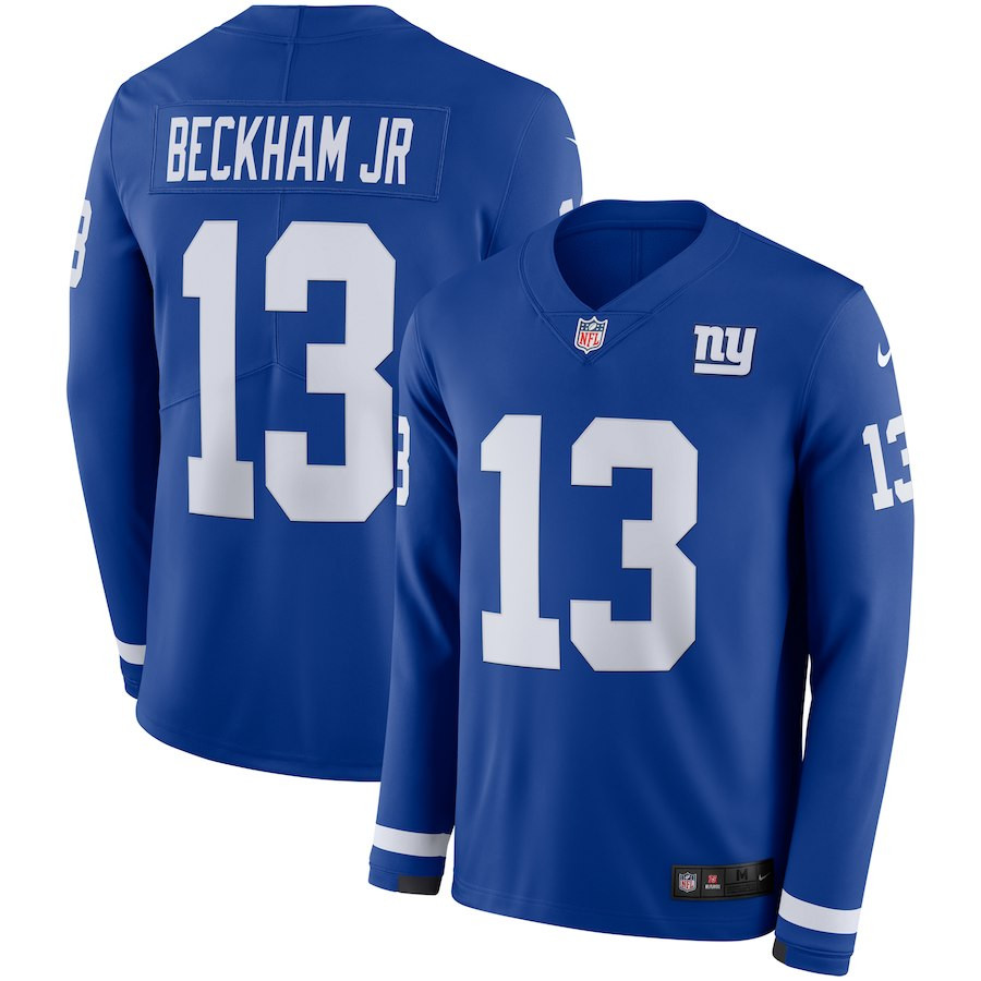 Nike Giants 13 Odell Beckham Jr. Blue Therma Long Sleeve Jersey Nike Giants 13 Odell Beckham Jr. Blue Therma Long Sleeve Jersey