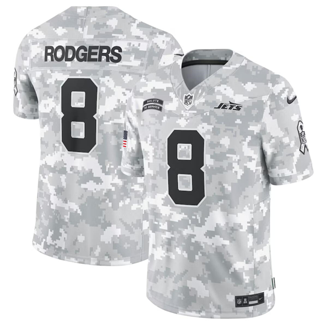 Men's New York Jets #8 Aaron Rodgers 2024 Arctic Camo Salute To Service Limited Stitched Football Jersey Men's New York Jets #8 Aaron Rodgers 2024 Arctic Camo Salute To Service Limited Stitched Football Jersey