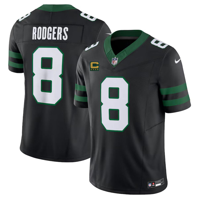 Men's New York Jets #8 Aaron Rodgers Black 2024 F.U.S.E. With 4-Star C Patch Vapor Limited Stitched Jersey Men's New York Jets #8 Aaron Rodgers Black 2024 F.U.S.E. With 4-Star C Patch Vapor Limited Stitched Jersey