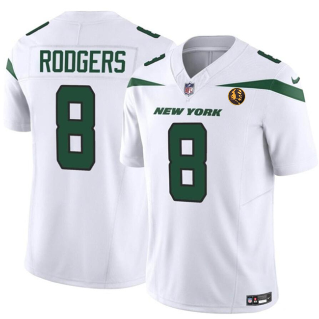 Men's New York Jets #8 Aaron Rodgers White 2023 F.U.S.E. With John Madden Patch Vapor Limited Stitched Football Jersey Men's New York Jets #8 Aaron Rodgers White 2023 F.U.S.E. With John Madden Patch Vapor Limited Stitched Football Jersey