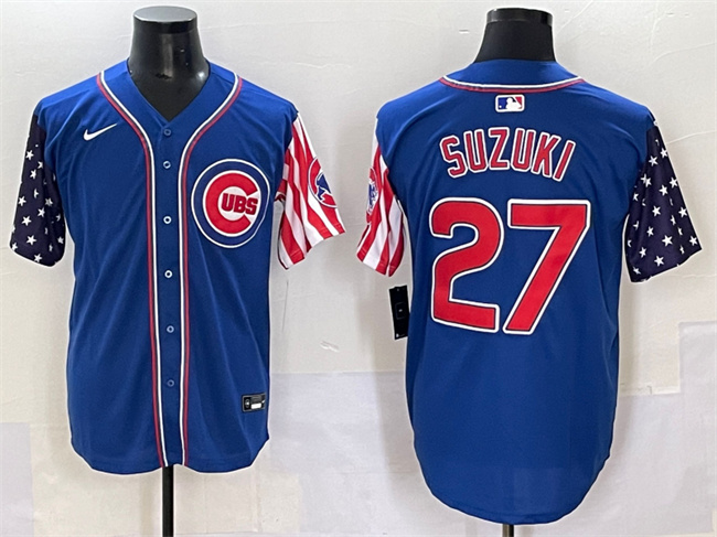Men's Chicago Cubs #27 Seiya Suzuki Royal 2025 Independence Day Vapor Premier Limited Stitched Baseball Jersey Men's Chicago Cubs #27 Seiya Suzuki Royal 2025 Independence Day Vapor Premier Limited Stitched Baseball Jersey