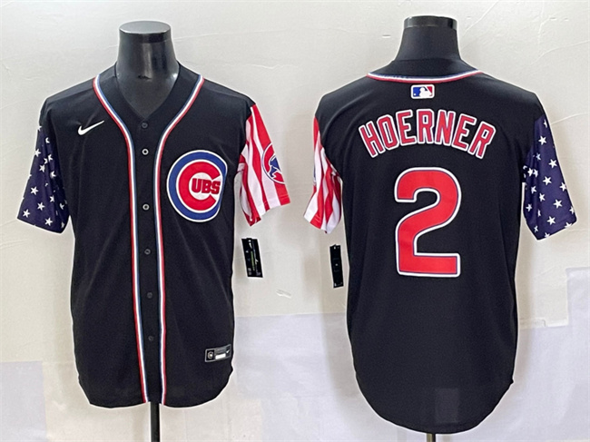 Men's Chicago Cubs #2 Nico Hoerner Black 2025 Independence Day Vapor Premier Limited Stitched Baseball Jersey Men's Chicago Cubs #2 Nico Hoerner Black 2025 Independence Day Vapor Premier Limited Stitched Baseball Jersey