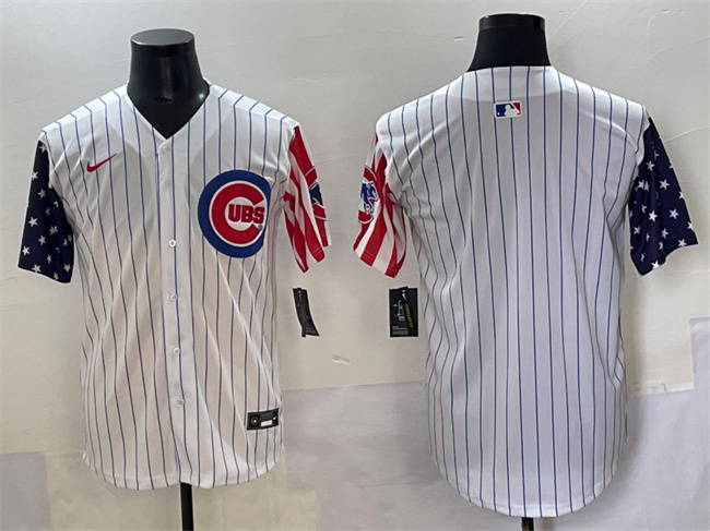 Men's Chicago Cubs Blank White Pinstripe 2025 Independence Day Vapor Premier Limited Stitched Baseball Jersey Men's Chicago Cubs Blank White Pinstripe 2025 Independence Day Vapor Premier Limited Stitched Baseball Jersey