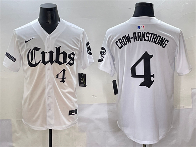 Men's Chicago Cubs #4 Pete Crow-Armstrong White 'Gothic North Side Edition' Vapor Premier Limited Stitched Baseball Jersey Men's Chicago Cubs #4 Pete Crow-Armstrong White 'Gothic North Side Edition' Vapor Premier Limited Stitched Baseball Jersey