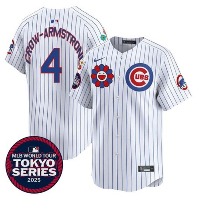 Men's Chicago Cubs #4 Pete Crow-Armstrong White 2025 Tokyo Series Limited Stitched Baseball Jersey Men's Chicago Cubs #4 Pete Crow-Armstrong White 2025 Tokyo Series Limited Stitched Baseball Jersey