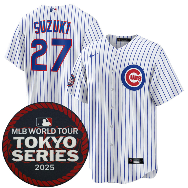 Men's Chicago Cubs #27 Seiya Suzuki White 2025 World Tour Tokyo Series Home Stitched Baseball Jersey Men's Chicago Cubs #27 Seiya Suzuki White 2025 World Tour Tokyo Series Home Stitched Baseball Jersey