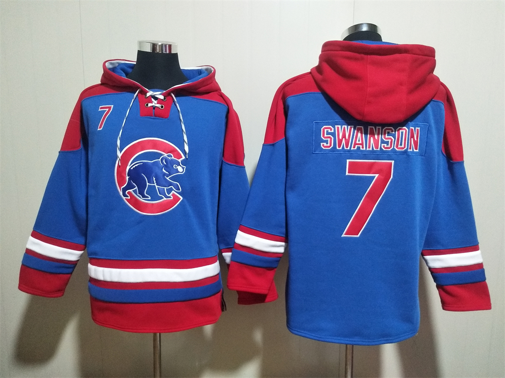 Men's Chicago Cubs #7 Dansby Swanson Royal Red Ageless Must-Have Lace-Up Pullover Hoodie Men's Chicago Cubs #7 Dansby Swanson Royal Red Ageless Must-Have Lace-Up Pullover Hoodie