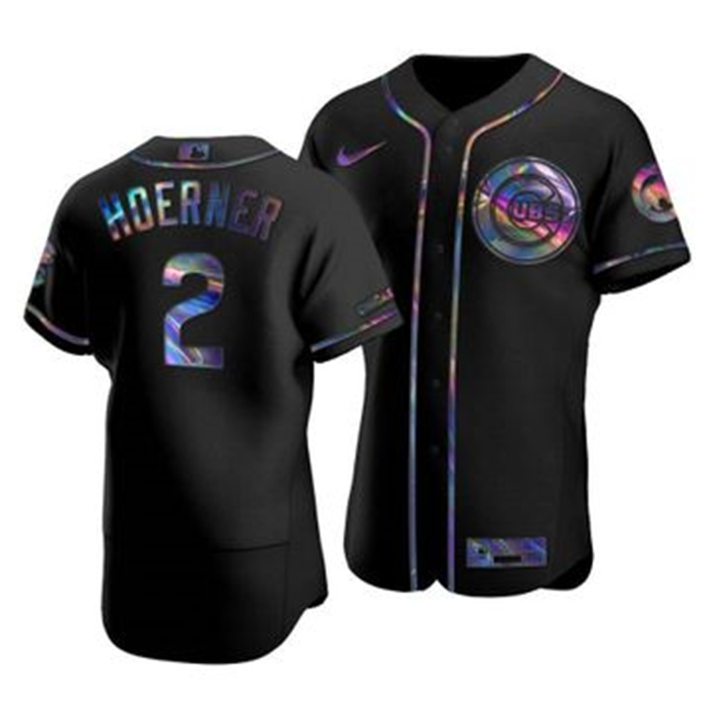 Chicago Cubs #2 Nico Hoerner Men's Nike Iridescent Holographic Collection MLB Jersey - Black Chicago Cubs #2 Nico Hoerner Men's Nike Iridescent Holographic Collection MLB Jersey - Black