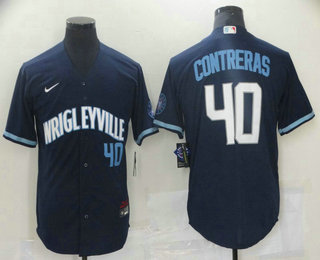 Men's Chicago Cubs #40 Willson Contreras Navy Blue With Number 2021 City Connect Stitched MLB Cool Base Nike Jersey Men's Chicago Cubs #40 Willson Contreras Navy Blue With Number 2021 City Connect Stitched MLB Cool Base Nike Jersey