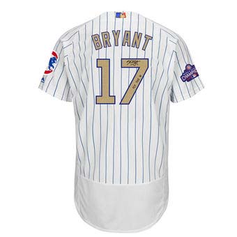 Autographed Chicago Cubs Kris Bryant Majestic White World Series Champions Gold Program Authentic Jersey with Fly the W Inscription Autographed Chicago Cubs Kris Bryant Majestic White World Series Champions Gold Program Authentic Jersey with Fly the W Inscription