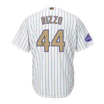 Autographed Chicago Cubs Anthony Rizzo Majestic White World Series Champions Gold Program Replica Jersey