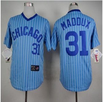 Chicago Cubs #31 Greg Maddux Blue(White Strip) Cooperstown Throwback Stitched Baseball Jersey
