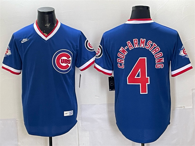 Men's Chicago Cubs #4 Pete Crow-Armstrong Royal 150th Anniversary Throwback Vapor Limited Stitched Baseball Jersey Men's Chicago Cubs #4 Pete Crow-Armstrong Royal 150th Anniversary Throwback Vapor Limited Stitched Baseball Jersey
