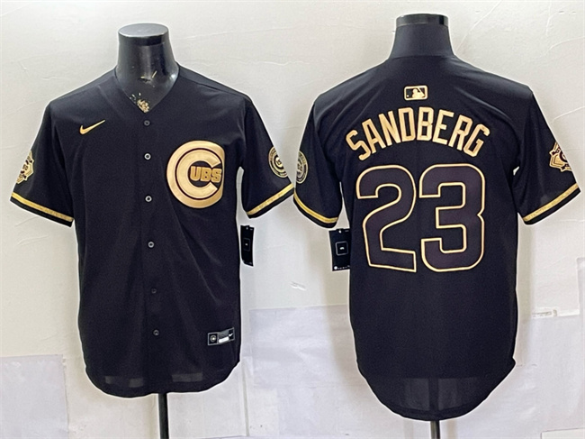 Men's Chicago Cubs #23 Ryne Sandberg Black Gold 150th Anniversary Patch Stitched Baseball Jersey Men's Chicago Cubs #23 Ryne Sandberg Black Gold 150th Anniversary Patch Stitched Baseball Jersey