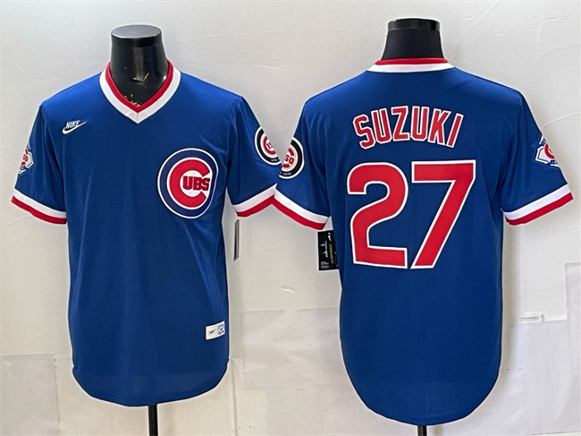 Men's Chicago Cubs #27 Seiya Suzuki Royal 150th Anniversary Throwback Vapor Limited Stitched Baseball Jersey Men's Chicago Cubs #27 Seiya Suzuki Royal 150th Anniversary Throwback Vapor Limited Stitched Baseball Jersey