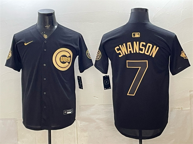 Men's Chicago Cubs #7 Dansby Swanson Black Gold 150th Anniversary Patch Stitched Baseball Jersey Men's Chicago Cubs #7 Dansby Swanson Black Gold 150th Anniversary Patch Stitched Baseball Jersey