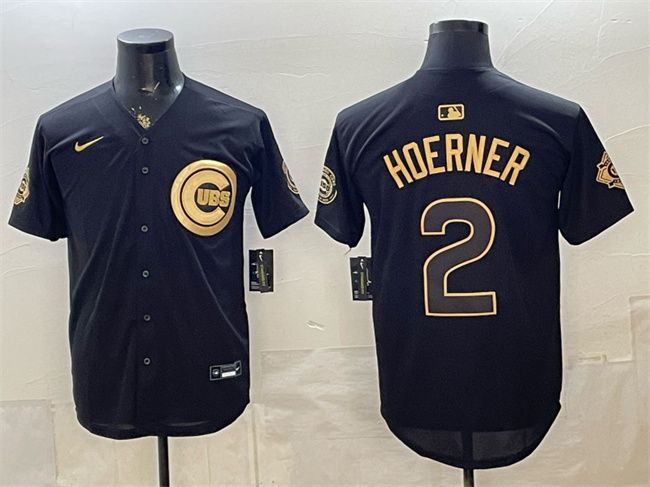 Men's Chicago Cubs #2 Nico Hoerner Black Gold 150th Anniversary Patch Stitched Baseball Jersey Men's Chicago Cubs #2 Nico Hoerner Black Gold 150th Anniversary Patch Stitched Baseball Jersey