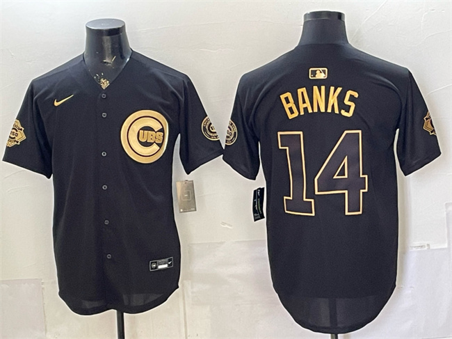 Men's Chicago Cubs #14 Ernie Banks Black Gold 150th Anniversary Patch Stitched Baseball Jersey Men's Chicago Cubs #14 Ernie Banks Black Gold 150th Anniversary Patch Stitched Baseball Jersey