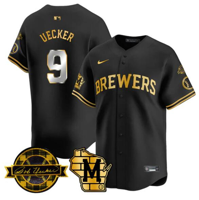 Men's Milwaukee Brewers #9 Bob Uecker Black Gold With Home & Bob Uecker Patch Limited Stitched Baseball Jersey Men's Milwaukee Brewers #9 Bob Uecker Black Gold With Home & Bob Uecker Patch Limited Stitched Baseball Jersey