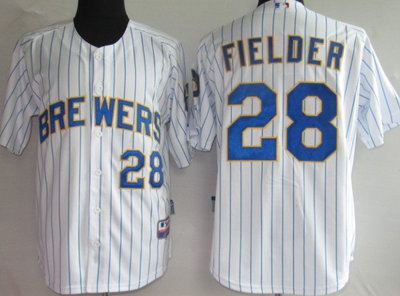 MLB Jerseys Milwaukee Brewers 28 Prince Fielder White (blue strip)