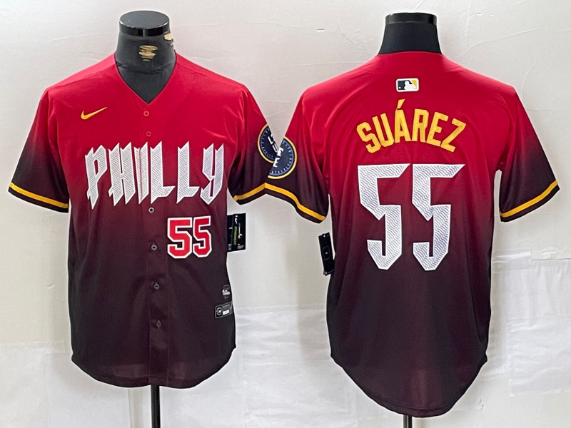 Men's Philadelphia Phillies #55 Ranger Suárez Red 2024 City Connect Limited Stitched Jersey 2 Men's Philadelphia Phillies #55 Ranger Suárez Red 2024 City Connect Limited Stitched Jersey 2