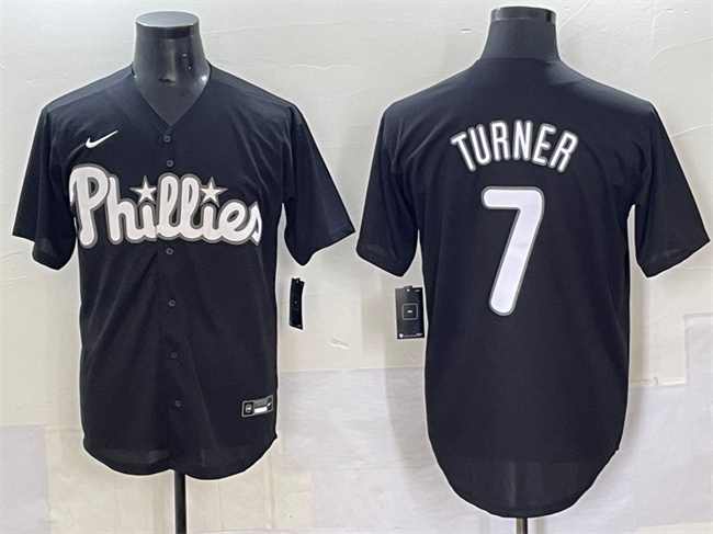 Men's Philadelphia Phillies #7 Trea Turner Black Lights Out Limited Stitched Baseball Jersey Men's Philadelphia Phillies #7 Trea Turner Black Lights Out Limited Stitched Baseball Jersey