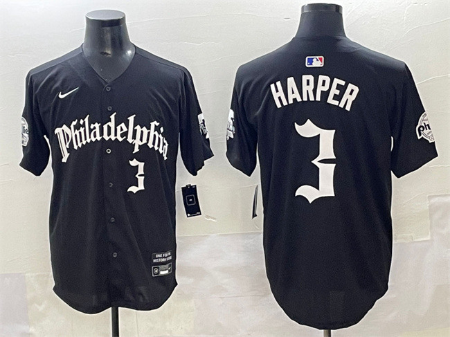Men's Philadelphia Phillies #3 Bryce Harper Black Gothic Vapor Limited Stitched Jersey Men's Philadelphia Phillies #3 Bryce Harper Black Gothic Vapor Limited Stitched Jersey