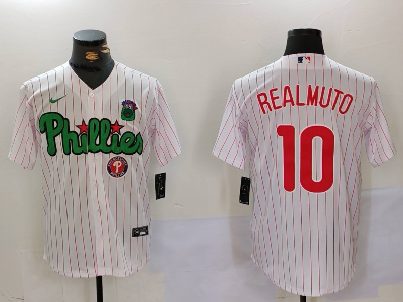 Men's Philadelphia Phillies #10 J.T. Realmuto White Green Cool Base Stitched Jersey 6 Men's Philadelphia Phillies #10 J.T. Realmuto White Green Cool Base Stitched Jersey 6