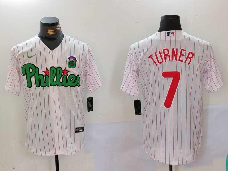 Men's Philadelphia Phillies #7 Trea Turner White Green Cool Base Stitched Jersey 2 Men's Philadelphia Phillies #7 Trea Turner White Green Cool Base Stitched Jersey 2