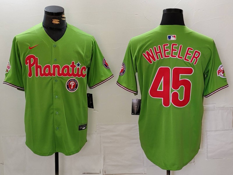 Men's Philadelphia Phillies #45 Zack Wheeler Green With Patch Stitched Jersey 2 Men's Philadelphia Phillies #45 Zack Wheeler Green With Patch Stitched Jersey 2