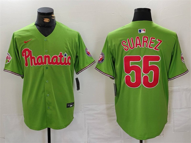 Men's Philadelphia Phillies #55 Ranger Suárez Green With Patch Stitched Jersey Men's Philadelphia Phillies #55 Ranger Suárez Green With Patch Stitched Jersey