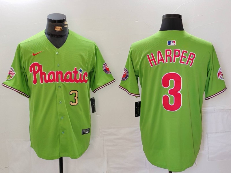 Men's Philadelphia Phillies #3 Bryce Harper Green With Patch Stitched Jersey 1 Men's Philadelphia Phillies #3 Bryce Harper Green With Patch Stitched Jersey 1