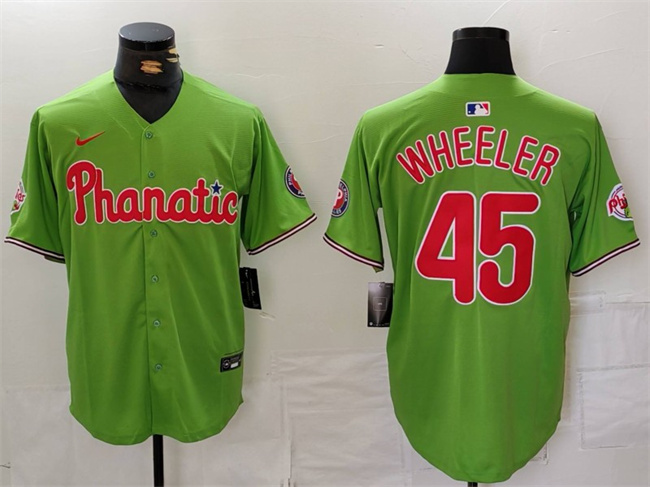 Men's Philadelphia Phillies #45 Zack Wheeler Green With Patch Stitched Jersey Men's Philadelphia Phillies #45 Zack Wheeler Green With Patch Stitched Jersey