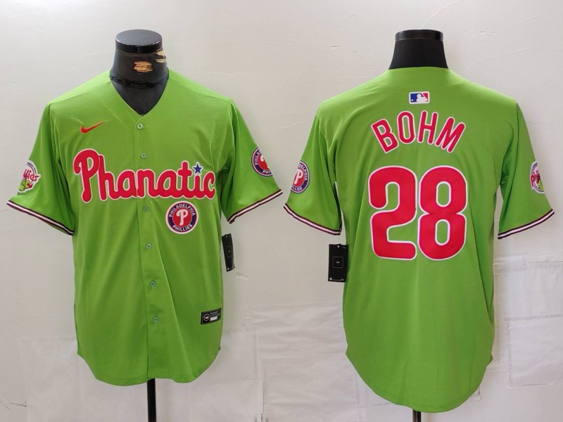 Men's Philadelphia Phillies #28 Alec Bohm Green With Patch Stitched Jersey 1 Men's Philadelphia Phillies #28 Alec Bohm Green With Patch Stitched Jersey 1