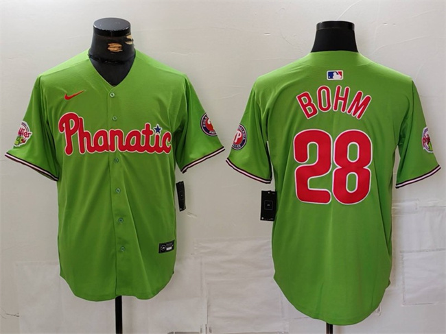 Men's Philadelphia Phillies #28 Alec Bohm Green With Patch Stitched Jersey Men's Philadelphia Phillies #28 Alec Bohm Green With Patch Stitched Jersey